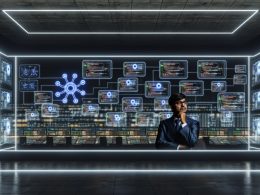 Moderner, dunkler Kontrollraum mit Glasmenschen, Displays, Code-Snippets, KI-Icons und Workflow-Diagrammen, die ein fortschrittliches Automatisierungsmanagement zeigen