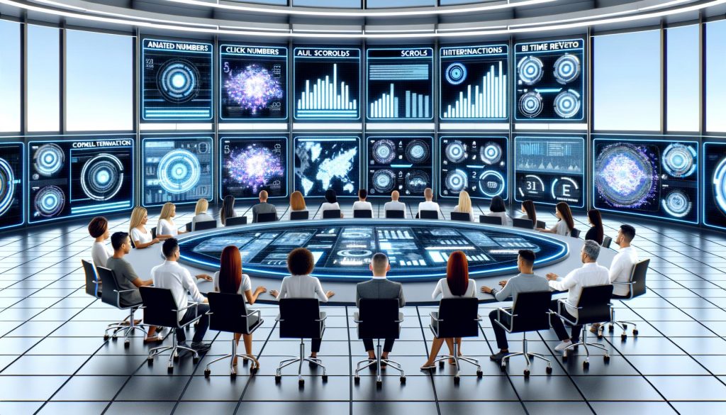 Hightech-Marketing-Team in Kontrollraum vor digitalen Echtzeit-Dashboards mit granularen Interaktionsdatenströmen und AI-Analyse.