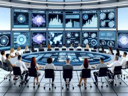 Hightech-Marketing-Team in Kontrollraum vor digitalen Echtzeit-Dashboards mit granularen Interaktionsdatenströmen und AI-Analyse.