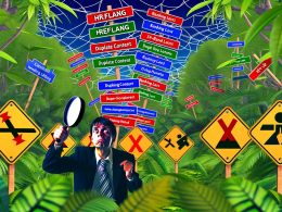 Stilisierte Illustration eines überwucherten SEO-Dschungels mit Schildern zu Hreflang, Duplicate Content und Ranking-Verlust; im Vordergrund untersucht eine ratlose Person Webseiten mit Sprachcodes, darüber schwebt das Google-Logo als Richter.