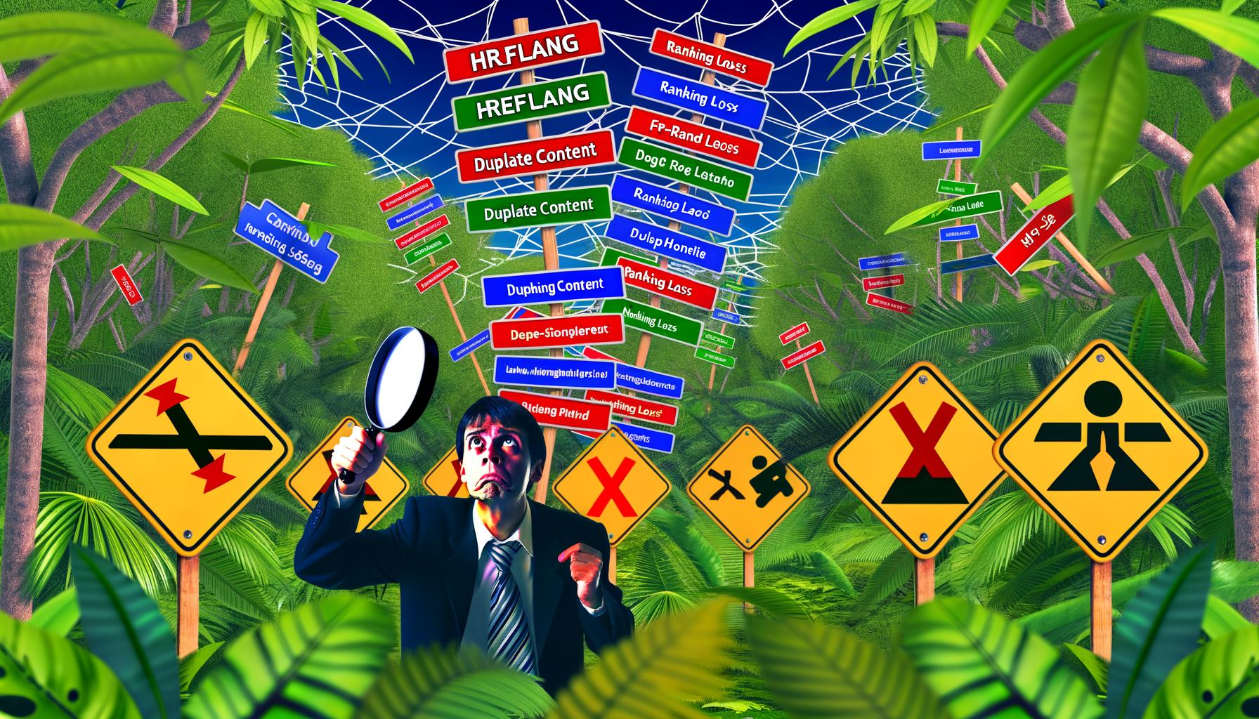 Stilisierte Illustration eines überwucherten SEO-Dschungels mit Schildern zu Hreflang, Duplicate Content und Ranking-Verlust; im Vordergrund untersucht eine ratlose Person Webseiten mit Sprachcodes, darüber schwebt das Google-Logo als Richter.