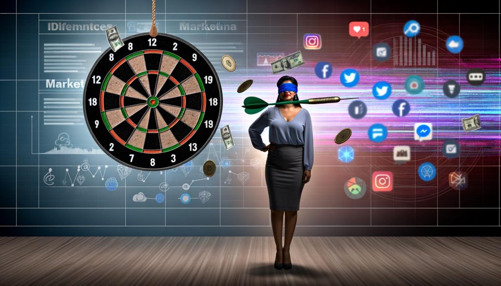 Marketingmanager, der blind auf eine Dartscheibe mit Social-Media-Icons und Charts zielt, daneben ein futuristisches digitales Dashboard mit KI-Symbolen und Datenströmen in einem modernen Büro.