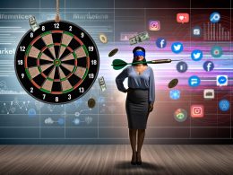 Marketingmanager, der blind auf eine Dartscheibe mit Social-Media-Icons und Charts zielt, daneben ein futuristisches digitales Dashboard mit KI-Symbolen und Datenströmen in einem modernen Büro.