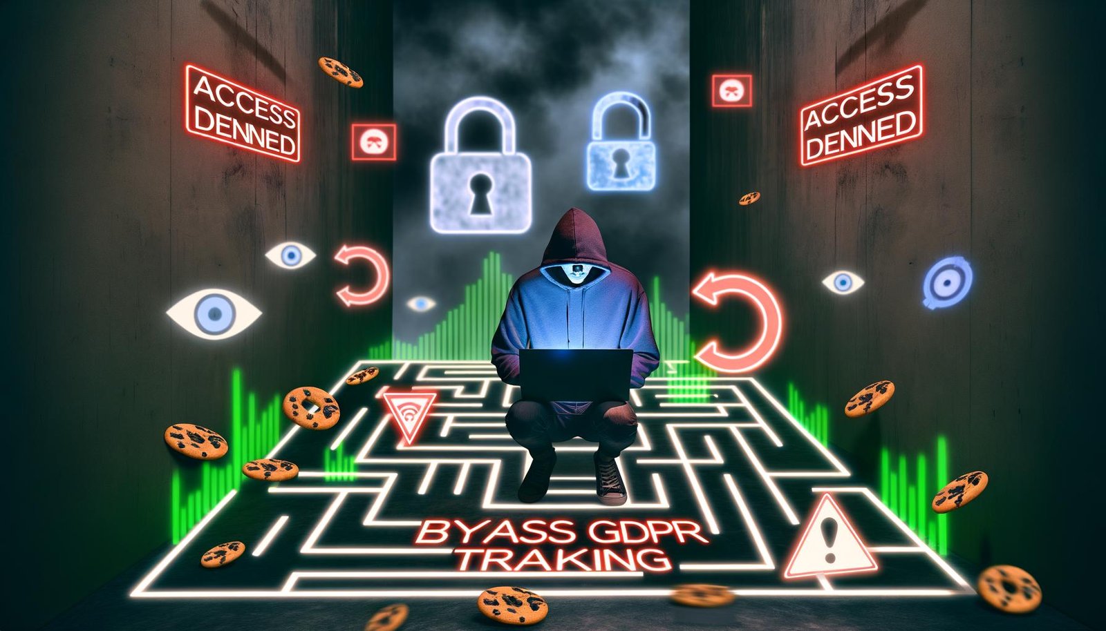 Titelbild im Graffiti-Stil zeigt Hacker mit Hoodie auf Cookie-Bannern, abstrahierte Datenschutzsymbole und leuchtende Datenströme rundherum. Im Hintergrund wachsame Datenschutz-Icons.