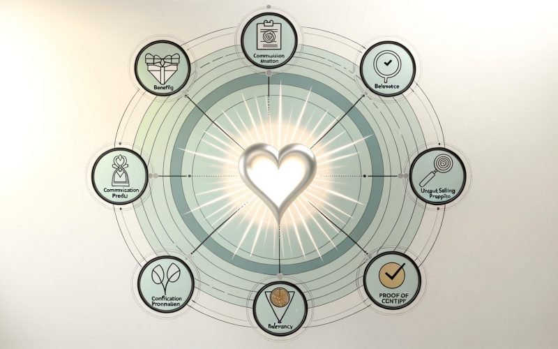 Moderne, minimalistische Illustration mit Herzsymbol, eingerahmt von Icons für Nutzenkommunikation, Zielgruppenrelevanz, Alleinstellungsmerkmal und Beweisführung; dezente Linien und sanfter Hintergrund.