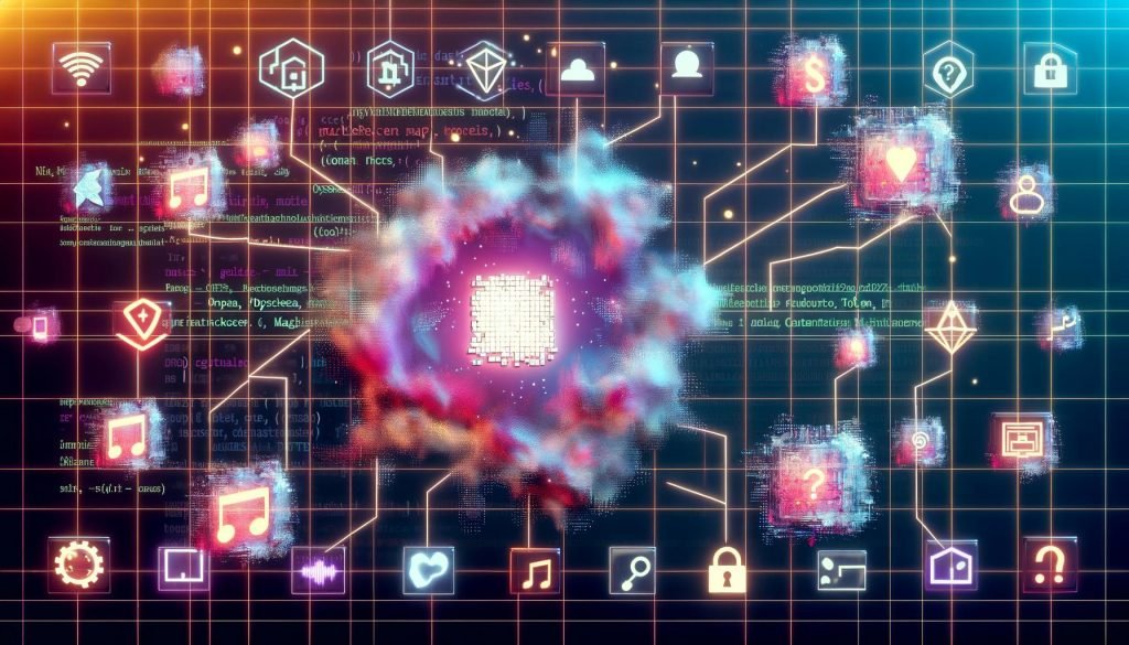 Futuristische digitale Collage mit pixeligem NFT-Kunstwerk, Blockchain-Strängen, schwebenden Token-Symbolen und Marktplatz-Logos wie OpenSea, Magic Eden und Blur sowie Sicherheits-Icons