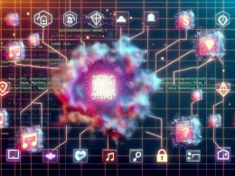 Futuristische digitale Collage mit pixeligem NFT-Kunstwerk, Blockchain-Strängen, schwebenden Token-Symbolen und Marktplatz-Logos wie OpenSea, Magic Eden und Blur sowie Sicherheits-Icons