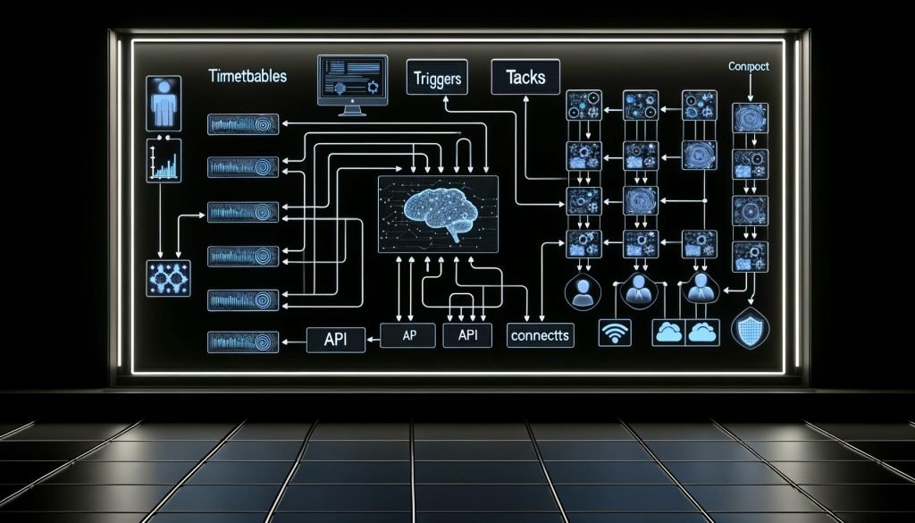 Moderner, technisch organisierter Serverraum mit Monitoren voller Flussdiagramme, Dashboard mit Triggern und Tasks, Kabelverbindungen und Icons für KI sowie Sicherheit.