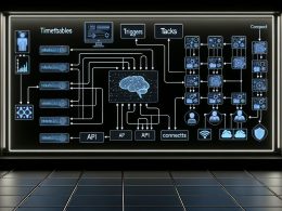 Moderner, technisch organisierter Serverraum mit Monitoren voller Flussdiagramme, Dashboard mit Triggern und Tasks, Kabelverbindungen und Icons für KI sowie Sicherheit.