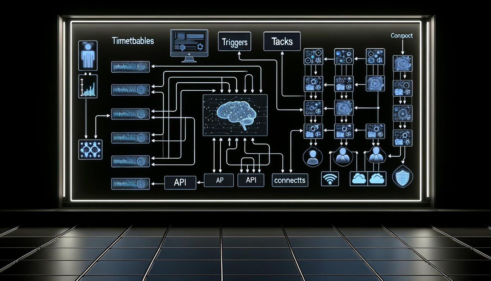 Moderner, technisch organisierter Serverraum mit Monitoren voller Flussdiagramme, Dashboard mit Triggern und Tasks, Kabelverbindungen und Icons für KI sowie Sicherheit.
