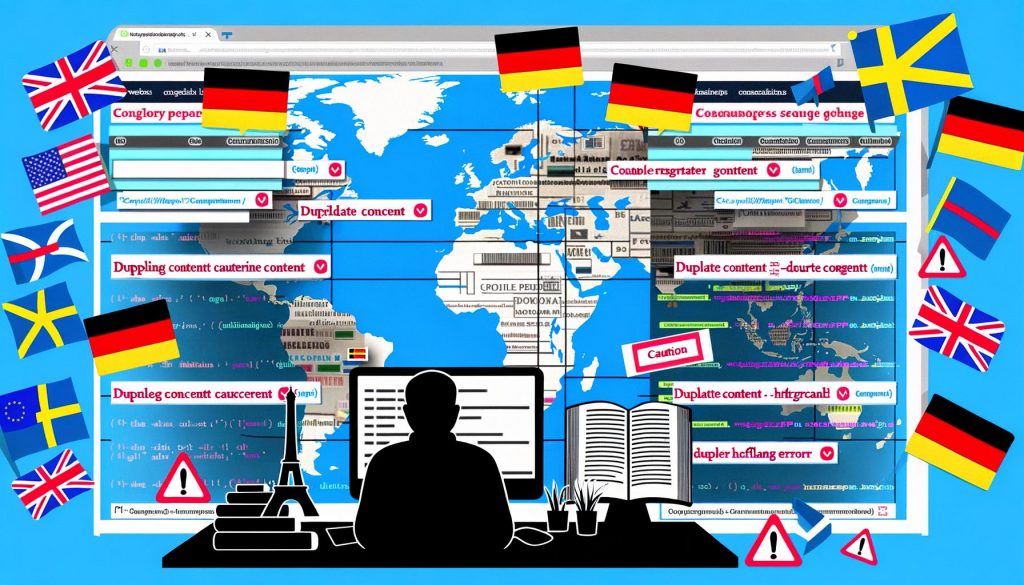 Farbige Editorial-Illustration eines geteilten, fehlerhaften Website-Layouts in mehreren Sprachen mit Warnhinweisen, globalen Wahrzeichen und einem ratlosen Webseiten-Besitzer am Schreibtisch.