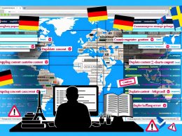 Farbige Editorial-Illustration eines geteilten, fehlerhaften Website-Layouts in mehreren Sprachen mit Warnhinweisen, globalen Wahrzeichen und einem ratlosen Webseiten-Besitzer am Schreibtisch.