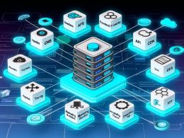 Futuristische Illustration eines vernetzten Content Management Stacks, bestehend aus beschrifteten Software-Bausteinen wie Headless CMS, Frontend Frameworks, APIs, CDN, Marketing Automation und weiteren, die modular miteinander verbunden sind.