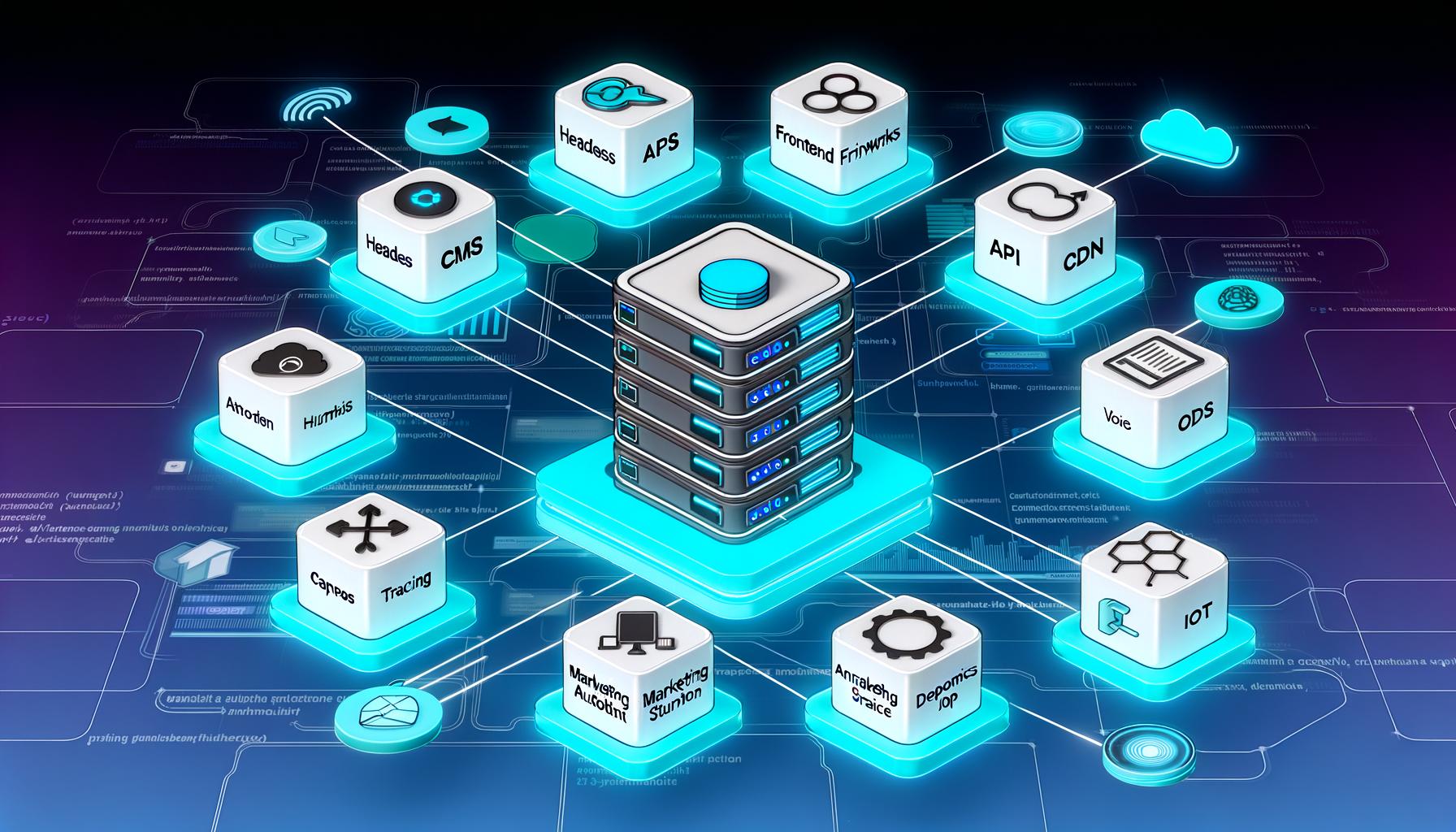 Futuristische Illustration eines vernetzten Content Management Stacks, bestehend aus beschrifteten Software-Bausteinen wie Headless CMS, Frontend Frameworks, APIs, CDN, Marketing Automation und weiteren, die modular miteinander verbunden sind.