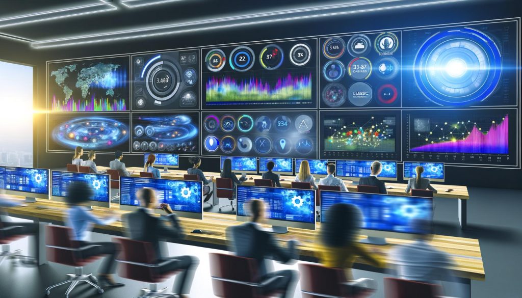 Marketingspezialisten in einem modernen Büro analysieren konzentriert Echtzeitdaten auf großen Dashboards mit farbigen Diagrammen und blinkenden Alarmen, während alte Berichte im Hintergrund zur Seite geschoben werden.