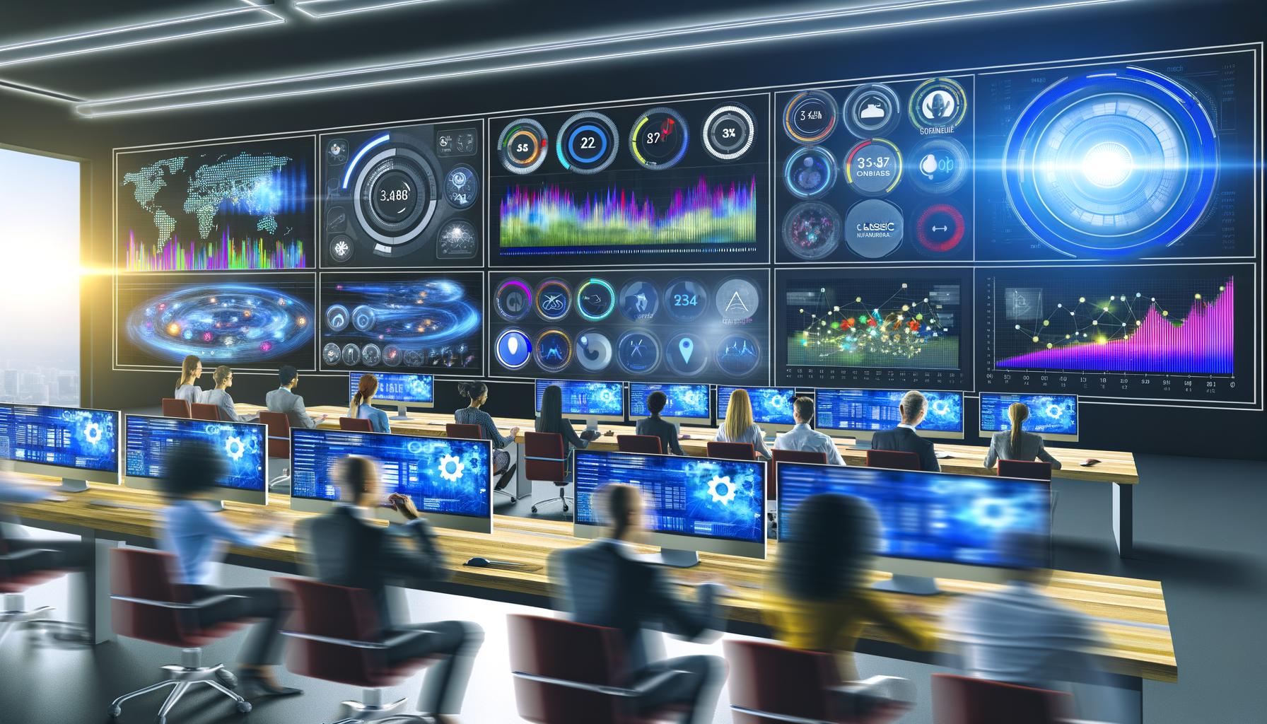 Marketingspezialisten in einem modernen Büro analysieren konzentriert Echtzeitdaten auf großen Dashboards mit farbigen Diagrammen und blinkenden Alarmen, während alte Berichte im Hintergrund zur Seite geschoben werden.