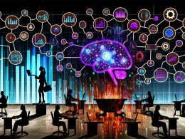 Modernes Büro mit ratlosen Marketing-Managern vor chaotischen Dashboards und Excel-Tabellen, aus denen sich ein neuronales Netzwerk mit klaren Insights erhebt. Prägnante Machine Learning-Icons und Prozessoptimierung im Vordergrund.