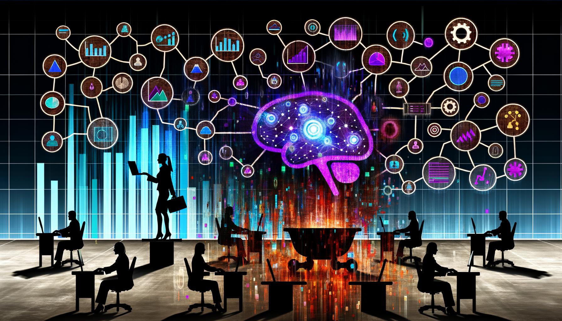 Modernes Büro mit ratlosen Marketing-Managern vor chaotischen Dashboards und Excel-Tabellen, aus denen sich ein neuronales Netzwerk mit klaren Insights erhebt. Prägnante Machine Learning-Icons und Prozessoptimierung im Vordergrund.