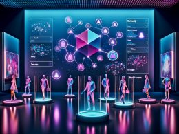 Futuristische digitale Kunstgalerie mit holographischen NFTs, modernen Besuchern, Blockchain-Darstellungen und lebhaftem Marktplatz im Hintergrund.