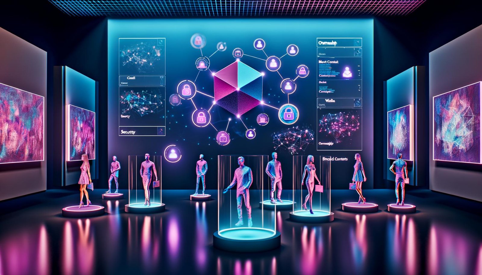 Futuristische digitale Kunstgalerie mit holographischen NFTs, modernen Besuchern, Blockchain-Darstellungen und lebhaftem Marktplatz im Hintergrund.