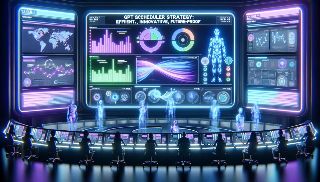 Futuristische Marketing-Kommandozentrale mit transparentem, holografischem Dashboard, leuchtenden Datenströmen, KI-Avataren und Menschen mit Tablets vor riesigen Screens voller Kampagnen- und Workflow-Charts.