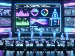 Futuristische Marketing-Kommandozentrale mit transparentem, holografischem Dashboard, leuchtenden Datenströmen, KI-Avataren und Menschen mit Tablets vor riesigen Screens voller Kampagnen- und Workflow-Charts.