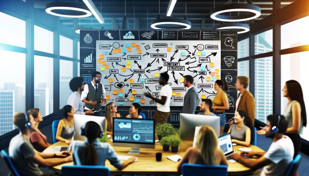 Team aus Männern und Frauen verschiedener Herkunft diskutiert vor einem großen Whiteboard mit Content-Strategie-Plan, im modernen Office mit Bildschirmen und digitalen Geräten.
