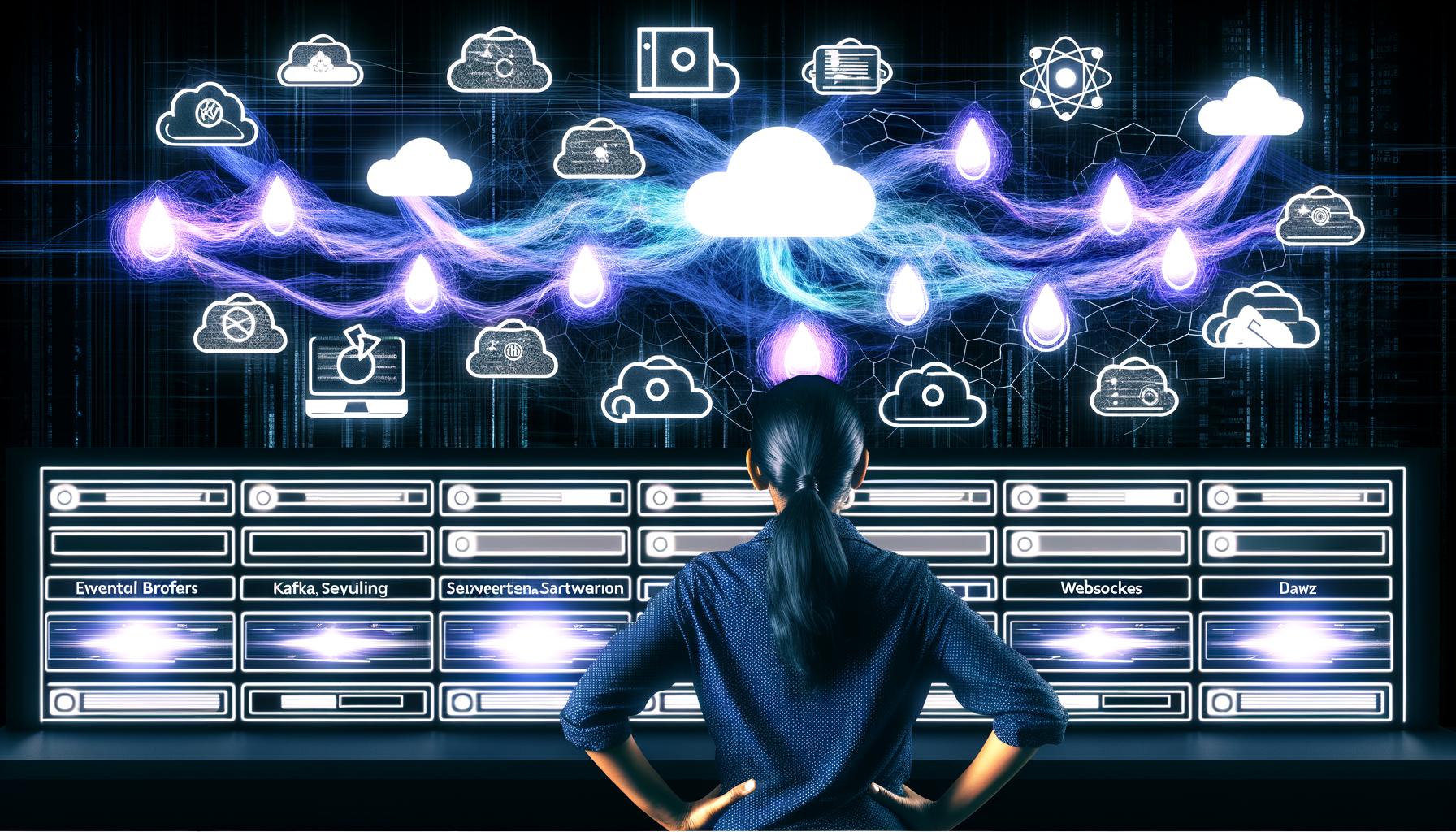 Stilisiertes Titelbild einer dunklen Kommandozentrale mit leuchtenden Datenströmen, abstrahierten Icons für Kafka, RabbitMQ, WebSockets, AWS und Azure, im Vordergrund ein entschlossener Entwickler vor leuchtenden Dashboards.