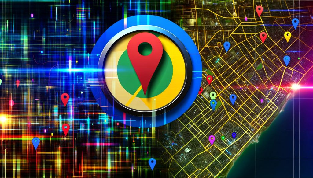 Modernes Titelbild mit Google Maps-Pin in leuchtender Farbe, umgeben von Stadtgrenzen, bunten Datenströmen und digitalen Netzwerken in einer urbanen Szenerie.