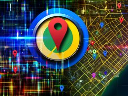 Modernes Titelbild mit Google Maps-Pin in leuchtender Farbe, umgeben von Stadtgrenzen, bunten Datenströmen und digitalen Netzwerken in einer urbanen Szenerie.