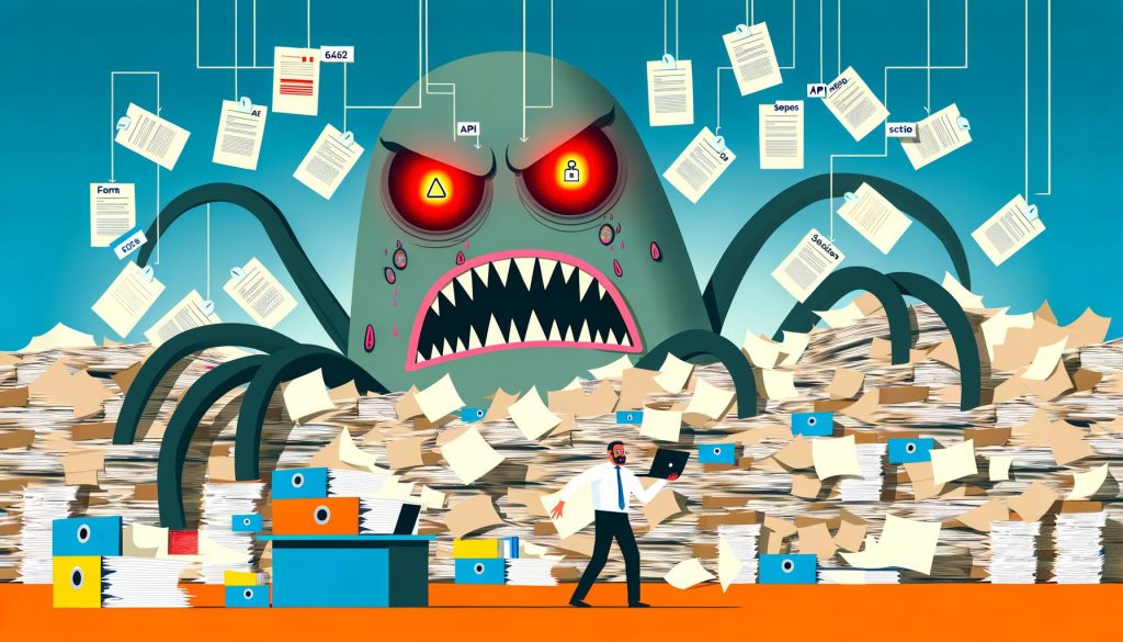 Illustration eines riesigen Bürokratie-Monsters mit Akten und Formular-Tentakeln, das einem digitalen Gründer mit Laptop und modernen Tools gegenübersteht. Im Hintergrund chaotische Papierstapel und Aktenberge.