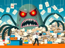 Illustration eines riesigen Bürokratie-Monsters mit Akten und Formular-Tentakeln, das einem digitalen Gründer mit Laptop und modernen Tools gegenübersteht. Im Hintergrund chaotische Papierstapel und Aktenberge.
