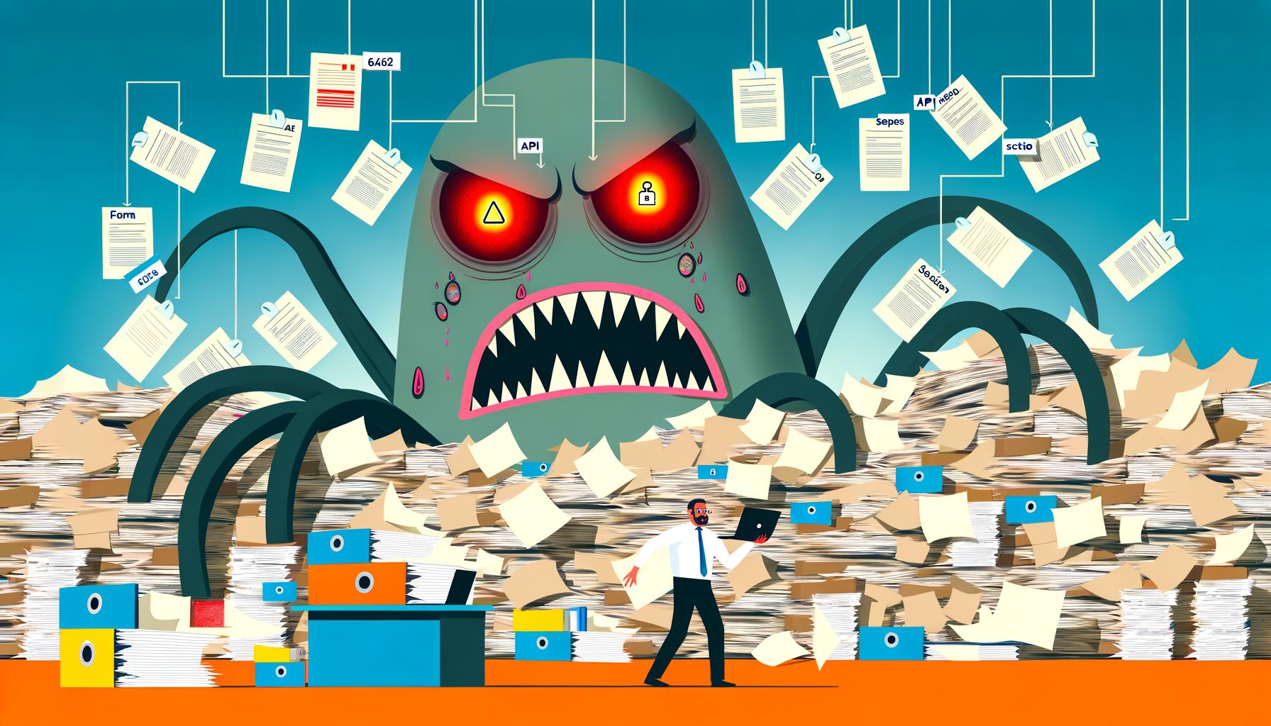 Illustration eines riesigen Bürokratie-Monsters mit Akten und Formular-Tentakeln, das einem digitalen Gründer mit Laptop und modernen Tools gegenübersteht. Im Hintergrund chaotische Papierstapel und Aktenberge.
