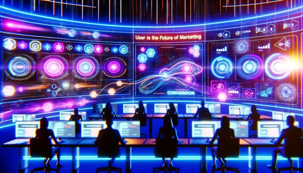 Digitale Marketer analysieren interaktive, neonbeleuchtete Dashboards mit KI-Daten und Nutzerpfaden in einem hochmodernen Kontrollzentrum.