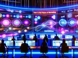 Digitale Marketer analysieren interaktive, neonbeleuchtete Dashboards mit KI-Daten und Nutzerpfaden in einem hochmodernen Kontrollzentrum.