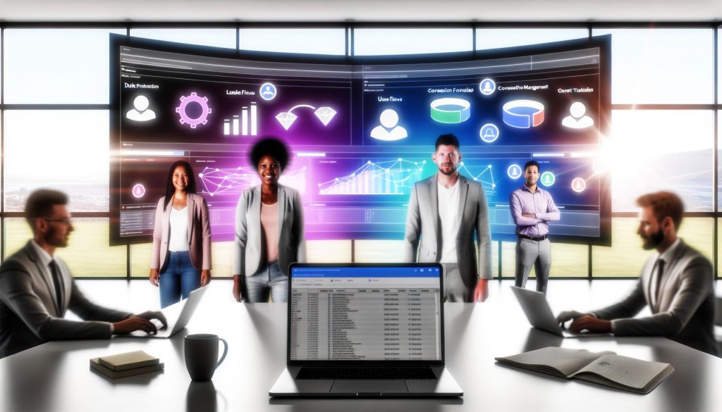 Web-Analyse-Team vor einem großen digitalen Dashboard mit Klickzahlen, Conversion-Funnels und Event-Daten, Laptop mit Google Tag Manager, Kaffeebecher und Notizen im Vordergrund.