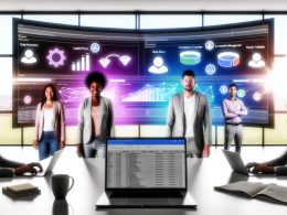 Web-Analyse-Team vor einem großen digitalen Dashboard mit Klickzahlen, Conversion-Funnels und Event-Daten, Laptop mit Google Tag Manager, Kaffeebecher und Notizen im Vordergrund.