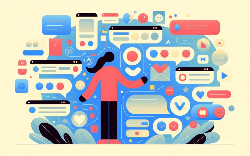 Minimalistische Illustration einer Person mit Smartphone, Tablet und Desktop, umgeben von abstrakten UI-Elementen und freundlichen Symbolen.