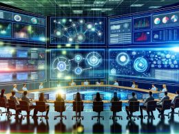 Futuristisches Büro mit Marketers und Data Scientists vor großen Dashboard-Bildschirmen mit Datenvisualisierungen und einem vernetzten Data Science Marketing Stack