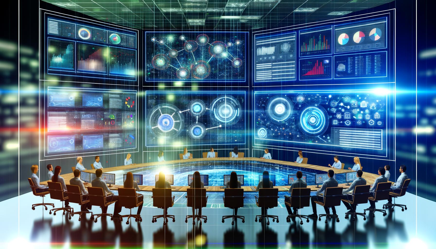 Futuristisches Büro mit Marketers und Data Scientists vor großen Dashboard-Bildschirmen mit Datenvisualisierungen und einem vernetzten Data Science Marketing Stack