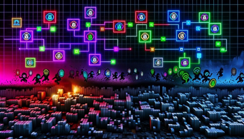 Illustration eines digitalen NFT-Schlachtfelds mit bunten Kunstwerken, Wallet-Icons, Blockchain-Ketten und einer Neon-Checkliste über einem Friedhof vergessener NFTs.