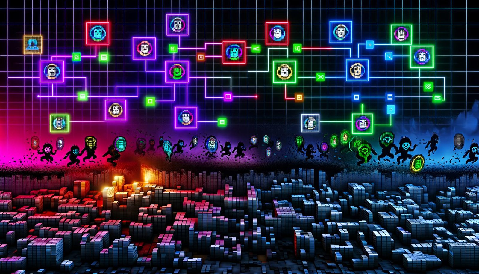 Illustration eines digitalen NFT-Schlachtfelds mit bunten Kunstwerken, Wallet-Icons, Blockchain-Ketten und einer Neon-Checkliste über einem Friedhof vergessener NFTs.