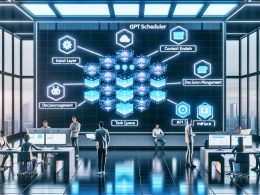 Modernes, futuristisches Büro mit großer Grafik zur GPT Scheduler Architektur, umgeben von arbeitenden Spezialist:innen an Laptops mit KI-Elementen.