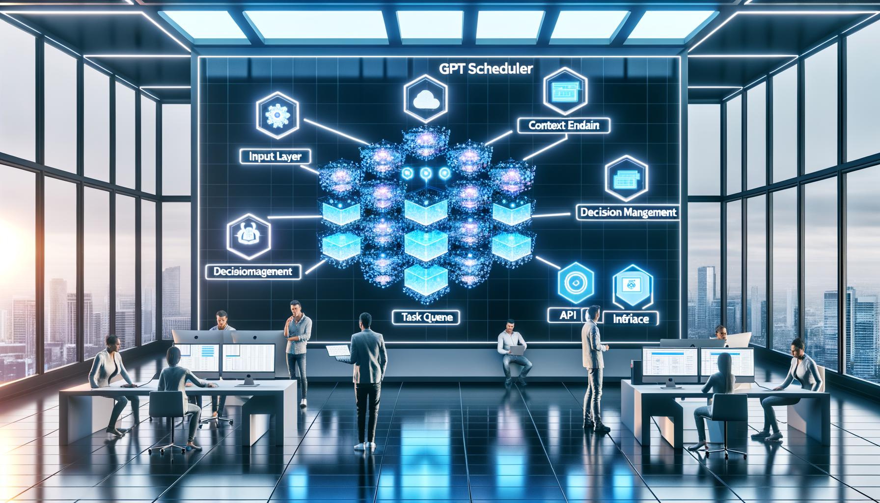 Modernes, futuristisches Büro mit großer Grafik zur GPT Scheduler Architektur, umgeben von arbeitenden Spezialist:innen an Laptops mit KI-Elementen.