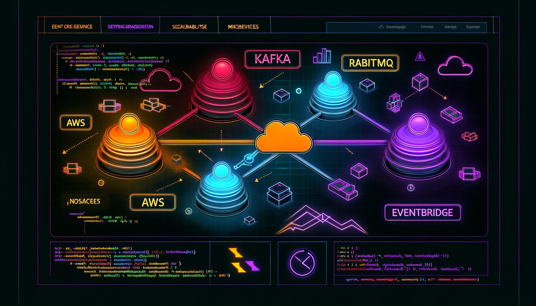 Modernes Titelbild mit abstrahiertem Netzwerkdiagramm: Cluster für Kafka, RabbitMQ, AWS EventBridge und NATS werden als kontrastreiche Netzwerkknoten gezeigt, ergänzt durch Microservices-Icons, Eventsymbole und Code-Snippets auf dunklem, energiegeladenem Hintergrund.