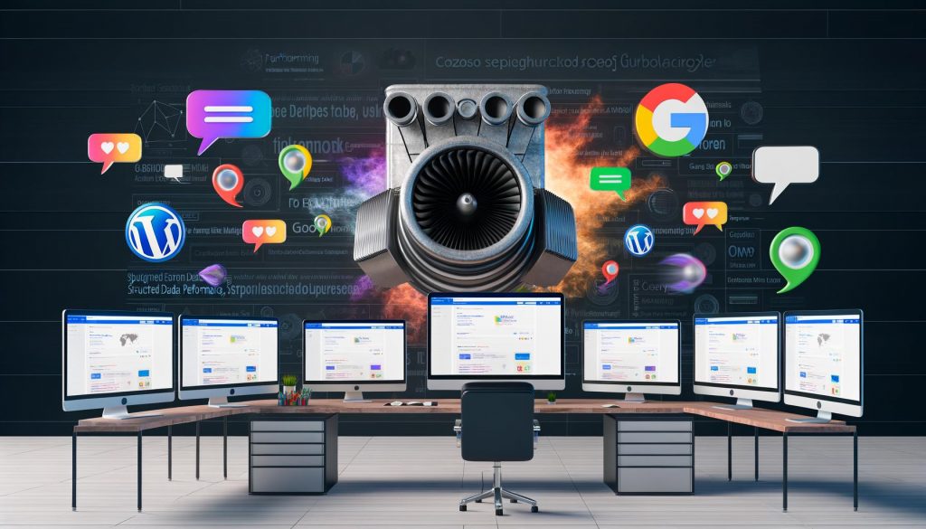 Modernes Büro mit mehreren Monitoren und offenen CMS-Dashboards wie WordPress, TYPO3, Drupal und Ghost, ein großer SEO-Turbolader wird in einen Computer eingebaut, Google-Logo im Hintergrund sowie zerspringende Marketing-Blasen und Werkzeugkiste mit Icons für Datenstruktur, Performance, Sicherheit und Skalierbarkeit.