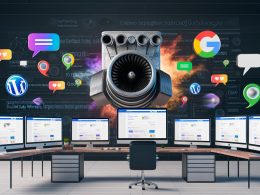 Modernes Büro mit mehreren Monitoren und offenen CMS-Dashboards wie WordPress, TYPO3, Drupal und Ghost, ein großer SEO-Turbolader wird in einen Computer eingebaut, Google-Logo im Hintergrund sowie zerspringende Marketing-Blasen und Werkzeugkiste mit Icons für Datenstruktur, Performance, Sicherheit und Skalierbarkeit.