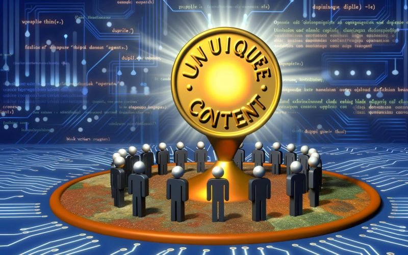 Illustration einer goldenen Münze mit 'Unique Content' auf einem Podest, umgeben von bewundernden Figuren und grauen Münzen für doppelte und dünne Inhalte in einer digitalen Landschaft.