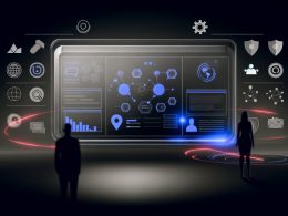 Minimalistisches digitales Marketing-Dashboard im Darkmode mit Tracking-Kennzahlen, Event-Icons, Heatmaps, Conversion-Charts und schwebenden Tech-Logos wie Google Tag Manager, Consent Layer und Datenschutzschild. Im Hintergrund fokussierte Marketer vor leuchtenden Monitoren.