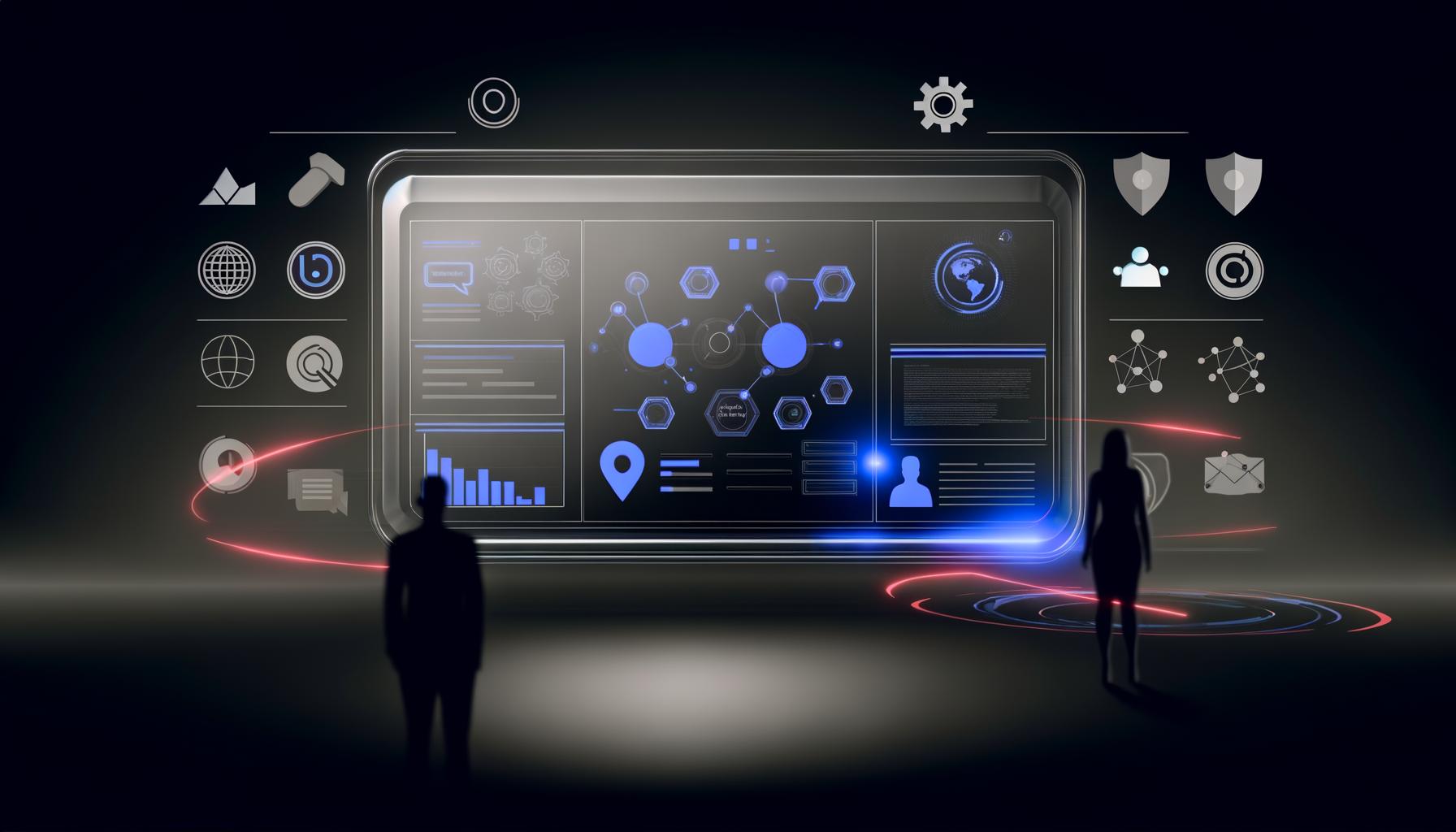 Minimalistisches digitales Marketing-Dashboard im Darkmode mit Tracking-Kennzahlen, Event-Icons, Heatmaps, Conversion-Charts und schwebenden Tech-Logos wie Google Tag Manager, Consent Layer und Datenschutzschild. Im Hintergrund fokussierte Marketer vor leuchtenden Monitoren.